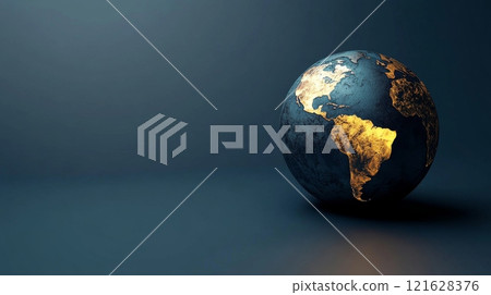 Golden american continent shining on dark globe in empty room 121628376