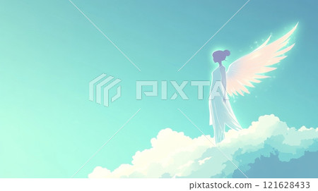 Angelic woman with wings stands on clouds in a clear sky Angelic woman with wings stands on clouds in a clear sky 121628433