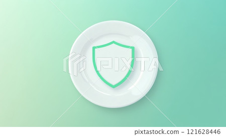 White plate showing green shield icon representing food safety and health 121628446