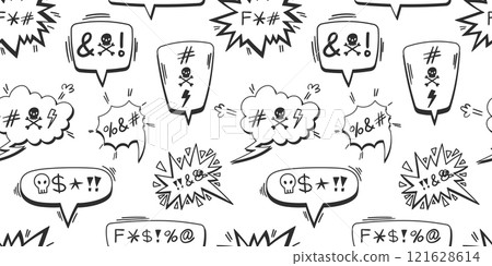 Seamless pattern of comic-style speech bubbles with symbols and icons for anger or expletives. Hand-drawn black doodles on white background. Pop art and expression concept for design and print Seamless pattern of comic-style speech bubbles with symbols and icons for anger or expletives. Hand-drawn black doodles on white background. Pop art and expression concept for design and print 121628614
