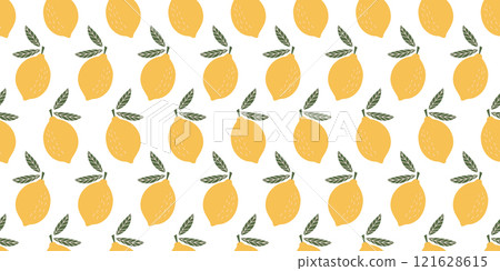 Seamless Lemon Pattern with Bright Yellow Lemons and Green Leaves on White Background for Fresh and Vibrant Decorative Designs Seamless Lemon Pattern with Bright Yellow Lemons and Green Leaves on White Background for Fresh and Vibrant Decorative Designs 121628615