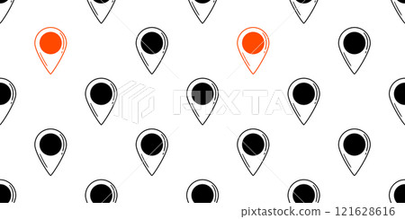 Seamless pattern of black and red location pins on white background. Hand-drawn doodle style. Map navigation concept for design and print Seamless pattern of black and red location pins on white background. Hand-drawn doodle style. Map navigation concept for design and print 121628616