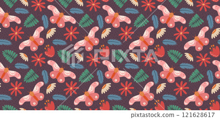 Seamless Butterfly and Floral Pattern with Hand-Drawn Botanical Motifs in Vibrant Colors on a Dark Purple Background Perfect for Fabric, Wrapping Paper, and Stationery 121628617