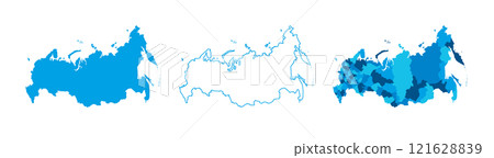 Russia set of three maps - solid map, outline map and map highlighting administrative divisions. Three distinct maps illustrate various representations of a geographical area. 121628839