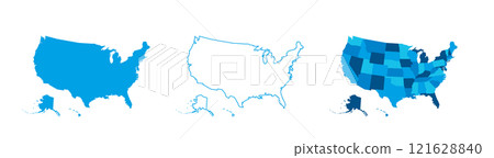 United States of America set of three maps - solid map, outline map and map highlighting administrative divisions. Three distinct maps illustrate various representations of a geographical area. 121628840