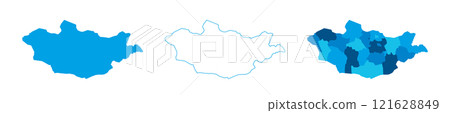 Mongolia set of three maps - solid map, outline map and map highlighting administrative divisions. Three distinct maps illustrate various representations of a geographical area. Mongolia set of three maps - solid map, outline map and map highlighting administrative divisions. Three distinct maps illustrate various representations of a geographical area. 121628849