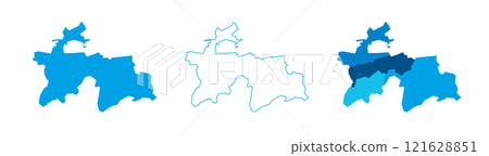 Tajikistan set of three maps - solid map, outline map and map highlighting administrative divisions. Three distinct maps illustrate various representations of a geographical area. Tajikistan set of three maps - solid map, outline map and map highlighting administrative divisions. Three distinct maps illustrate various representations of a geographical area. 121628851