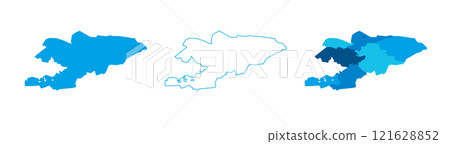Kyrgyzstan set of three maps - solid map, outline map and map highlighting administrative divisions. Three distinct maps illustrate various representations of a geographical area. 121628852
