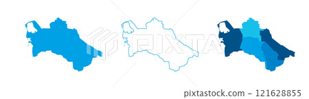 Turkmenistan set of three maps - solid map, outline map and map highlighting administrative divisions. Three distinct maps illustrate various representations of a geographical area. Turkmenistan set of three maps - solid map, outline map and map highlighting administrative divisions. Three distinct maps illustrate various representations of a geographical area. 121628855