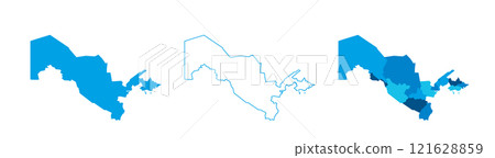 Uzbekistan set of three maps - solid map, outline map and map highlighting administrative divisions. Three distinct maps illustrate various representations of a geographical area. Uzbekistan set of three maps - solid map, outline map and map highlighting administrative divisions. Three distinct maps illustrate various representations of a geographical area. 121628859