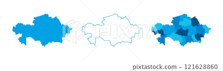 Kazakhstan set of three maps - solid map, outline map and map highlighting administrative divisions. Three distinct maps illustrate various representations of a geographical area. 121628860