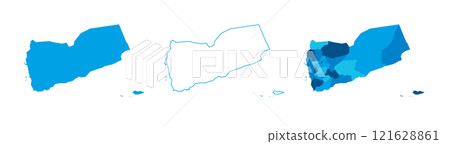 Yemen set of three maps - solid map, outline map and map highlighting administrative divisions. Three distinct maps illustrate various representations of a geographical area. Yemen set of three maps - solid map, outline map and map highlighting administrative divisions. Three distinct maps illustrate various representations of a geographical area. 121628861
