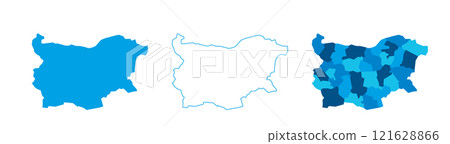 Bulgaria set of three maps - solid map, outline map and map highlighting administrative divisions. Three distinct maps illustrate various representations of a geographical area. Bulgaria set of three maps - solid map, outline map and map highlighting administrative divisions. Three distinct maps illustrate various representations of a geographical area. 121628866