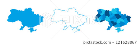 Ukraine set of three maps - solid map, outline map and map highlighting administrative divisions. Three distinct maps illustrate various representations of a geographical area. Ukraine set of three maps - solid map, outline map and map highlighting administrative divisions. Three distinct maps illustrate various representations of a geographical area. 121628867