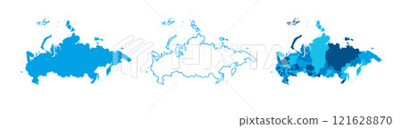 Russia set of three maps - solid map, outline map and map highlighting administrative divisions. Three distinct maps illustrate various representations of a geographical area. 121628870