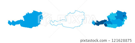 Austria set of three maps - solid map, outline map and map highlighting administrative divisions. Three distinct maps illustrate various representations of a geographical area. Austria set of three maps - solid map, outline map and map highlighting administrative divisions. Three distinct maps illustrate various representations of a geographical area. 121628875