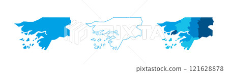 Guinea-Bissau set of three maps - solid map, outline map and map highlighting administrative divisions. Three distinct maps illustrate various representations of a geographical area. 121628878