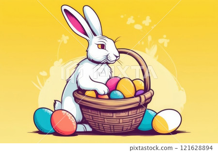 White rabbit in a basket with colored eggs on a yellow background for Easter 121628894