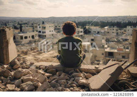 A child sits on the ruins of his house after the bombing 121628895