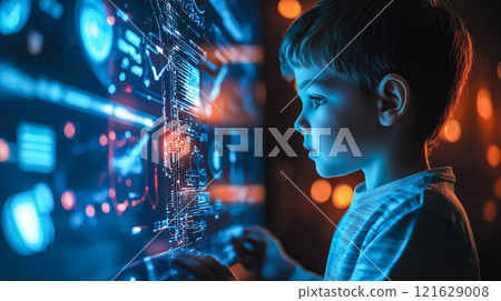 A kid boy learns online using futuristic technology. The concept of the integration of advanced digital tools in education, and learning experiences for the future generation. Generative AI. 121629008