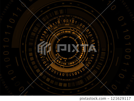 Tech abstract background with UI circular elements and binary code Tech abstract background with UI circular elements and binary code 121629117