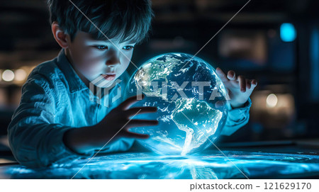 A boy interacts with a holographic globe, symbolizing curiosity and global awareness. The concept of the fusion of technology and education in understanding the world. Generative AI. 121629170