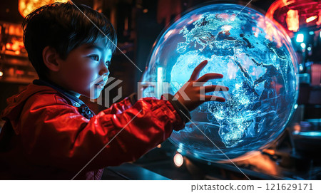 A boy interacts with a holographic globe, symbolizing curiosity and global awareness. The concept of the fusion of technology and education in understanding the world. Generative AI. 121629171