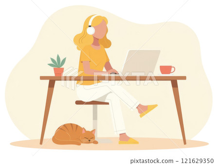 Woman works on laptop from home. 121629350