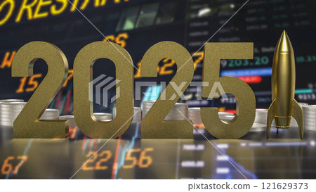 The 2025 Number and rocket for Business concept 3d rendering. The 2025 Number and rocket for Business concept 3d rendering. 121629373