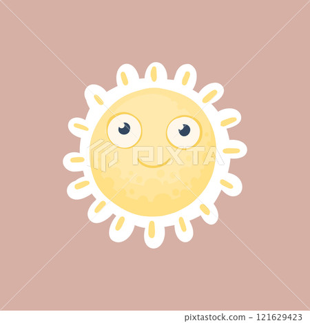 Smiling sun diary sticker. Words, characters and quotes for planner journal. Trendy notebook decor with girls, food and cats. Daily reminder vector set as coffee cup, love letter, rainbow and light 121629423