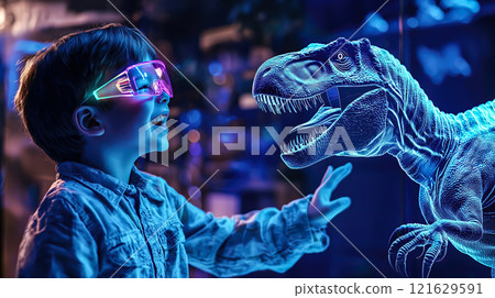 A kid boy enjoys interacting with a holographic dinosaur. The concept of the excitement of blending technology with play and learning through augmented reality. Generative AI. 121629591