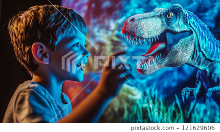 A kid boy enjoys interacting with a holographic dinosaur. The concept of the excitement of blending technology with play and learning through augmented reality. Generative AI. 121629606