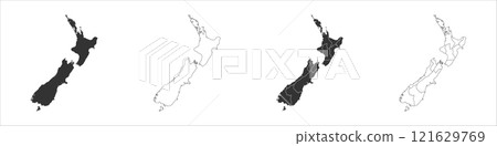 New Zealand set of three maps - solid map, outline map and map highlighting administrative divisions. Three distinct maps illustrate various representations of a geographical area. 121629769