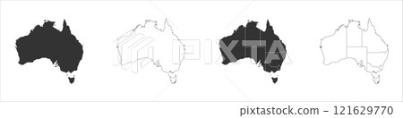 Australia set of three maps - solid map, outline map and map highlighting administrative divisions. Three distinct maps illustrate various representations of a geographical area. Australia set of three maps - solid map, outline map and map highlighting administrative divisions. Three distinct maps illustrate various representations of a geographical area. 121629770