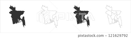 Bangladesh set of three maps - solid map, outline map and map highlighting administrative divisions. Three distinct maps illustrate various representations of a geographical area. 121629792