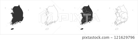 South Korea set of three maps - solid map, outline map and map highlighting administrative divisions. Three distinct maps illustrate various representations of a geographical area. South Korea set of three maps - solid map, outline map and map highlighting administrative divisions. Three distinct maps illustrate various representations of a geographical area. 121629796