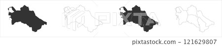 Turkmenistan set of three maps - solid map, outline map and map highlighting administrative divisions. Three distinct maps illustrate various representations of a geographical area. 121629807