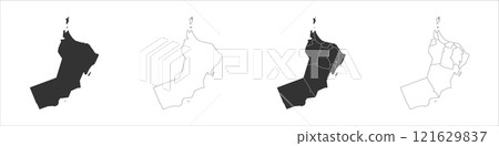Oman set of three maps - solid map, outline map and map highlighting administrative divisions. Three distinct maps illustrate various representations of a geographical area. 121629837