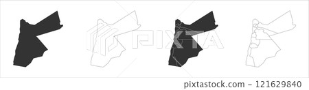 Jordan set of three maps - solid map, outline map and map highlighting administrative divisions. Three distinct maps illustrate various representations of a geographical area. Jordan set of three maps - solid map, outline map and map highlighting administrative divisions. Three distinct maps illustrate various representations of a geographical area. 121629840