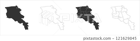 Armenia set of three maps - solid map, outline map and map highlighting administrative divisions. Three distinct maps illustrate various representations of a geographical area. Armenia set of three maps - solid map, outline map and map highlighting administrative divisions. Three distinct maps illustrate various representations of a geographical area. 121629845
