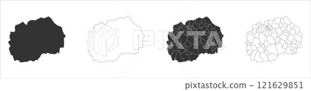 North Macedonia set of three maps - solid map, outline map and map highlighting administrative divisions. Three distinct maps illustrate various representations of a geographical area. North Macedonia set of three maps - solid map, outline map and map highlighting administrative divisions. Three distinct maps illustrate various representations of a geographical area. 121629851