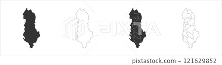 Albania set of three maps - solid map, outline map and map highlighting administrative divisions. Three distinct maps illustrate various representations of a geographical area. 121629852