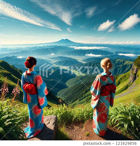 Back view of a woman making a wish on a shooting star on the mountain 121629856