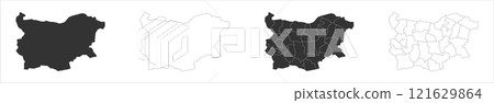 Bulgaria set of three maps - solid map, outline map and map highlighting administrative divisions. Three distinct maps illustrate various representations of a geographical area. Bulgaria set of three maps - solid map, outline map and map highlighting administrative divisions. Three distinct maps illustrate various representations of a geographical area. 121629864