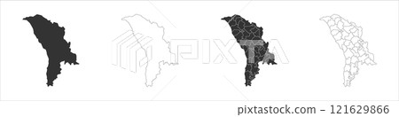 Moldova set of three maps - solid map, outline map and map highlighting administrative divisions. Three distinct maps illustrate various representations of a geographical area. Moldova set of three maps - solid map, outline map and map highlighting administrative divisions. Three distinct maps illustrate various representations of a geographical area. 121629866