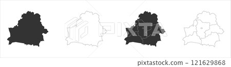 Belarus set of three maps - solid map, outline map and map highlighting administrative divisions. Three distinct maps illustrate various representations of a geographical area. Belarus set of three maps - solid map, outline map and map highlighting administrative divisions. Three distinct maps illustrate various representations of a geographical area. 121629868