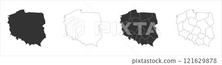Poland set of three maps - solid map, outline map and map highlighting administrative divisions. Three distinct maps illustrate various representations of a geographical area. Poland set of three maps - solid map, outline map and map highlighting administrative divisions. Three distinct maps illustrate various representations of a geographical area. 121629878