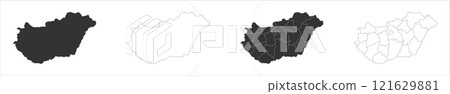 Hungary set of three maps - solid map, outline map and map highlighting administrative divisions. Three distinct maps illustrate various representations of a geographical area. 121629881