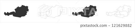 Austria set of three maps - solid map, outline map and map highlighting administrative divisions. Three distinct maps illustrate various representations of a geographical area. 121629882