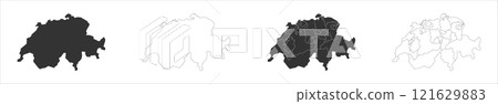 Switzerland set of three maps - solid map, outline map and map highlighting administrative divisions. Three distinct maps illustrate various representations of a geographical area. 121629883